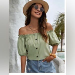 Frill trim off shoulder button front blouse